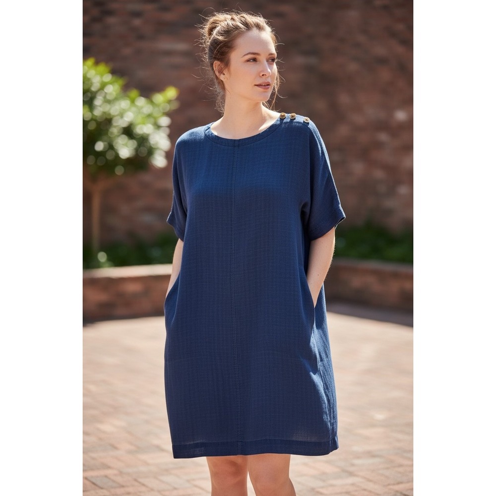 Pure Jill Indigo Blue‎ Tunic Dress XLP TENCEL Lyocell Dolman Pockets Buttons